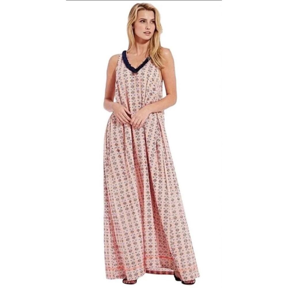 Roberta Roller Rabbit Lucia Paula Fringe Coral & Navy Germetric Maxi Dress XS